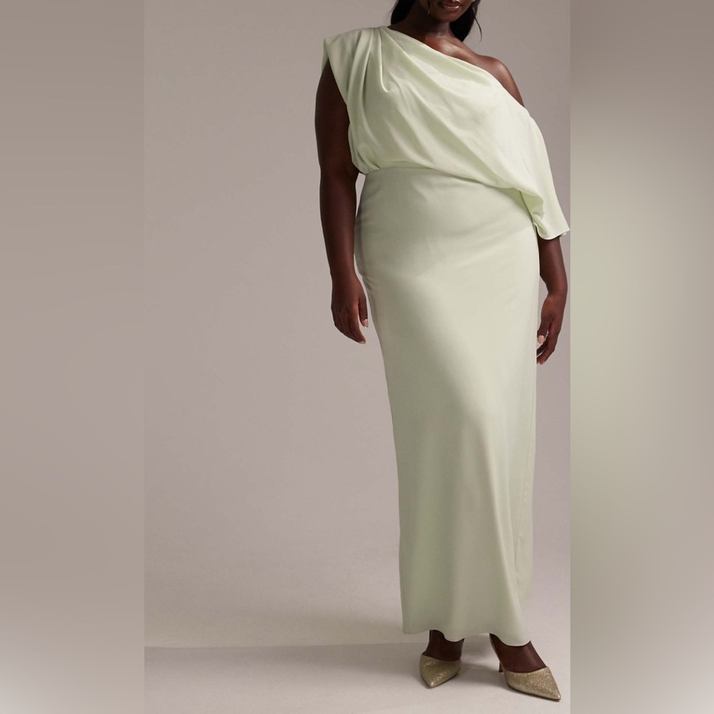 ASOS Bridesmaids crepe one shoulder draped maxi dress in light green